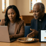 two church leaders discussing a budget spreadsheet and an under-filled offering plate