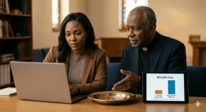 two church leaders discussing a budget spreadsheet and an under-filled offering plate
