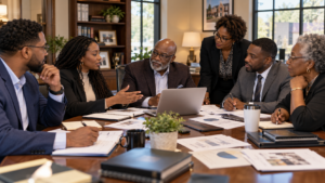 African American church leadership team reviewing donor reports and planning a sustainable fundraising strategy.